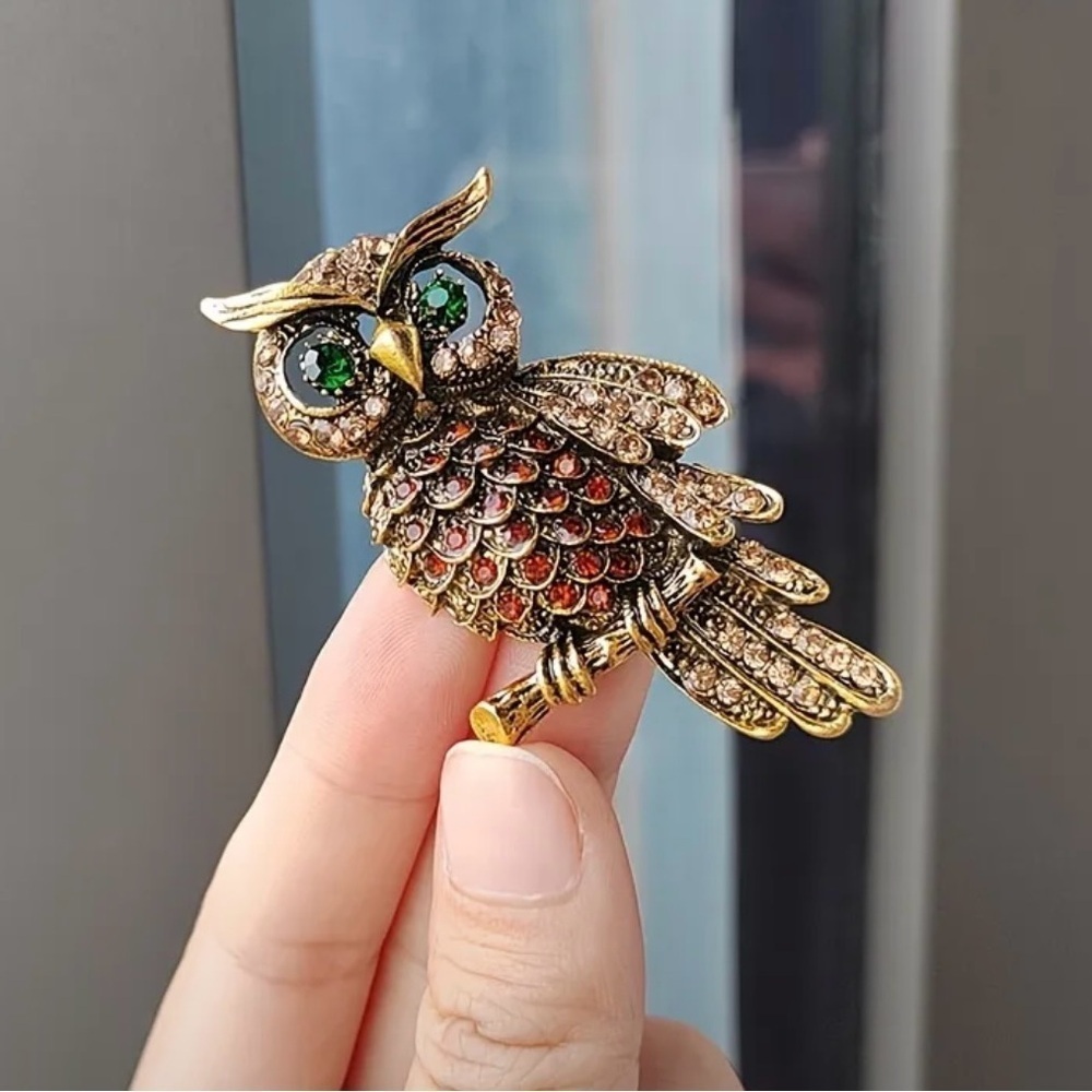 Owl Brooch with Green and Gold Accents, NWT